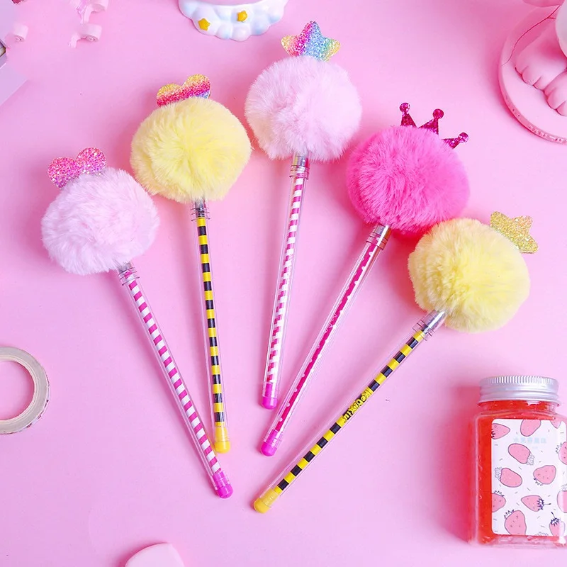 

30pcs Kawaii Pen Fashion Girl Cute Fluffy Ball Crown Gel Pens for School Office Supplies Korean Stationary Pens for Kids Gift