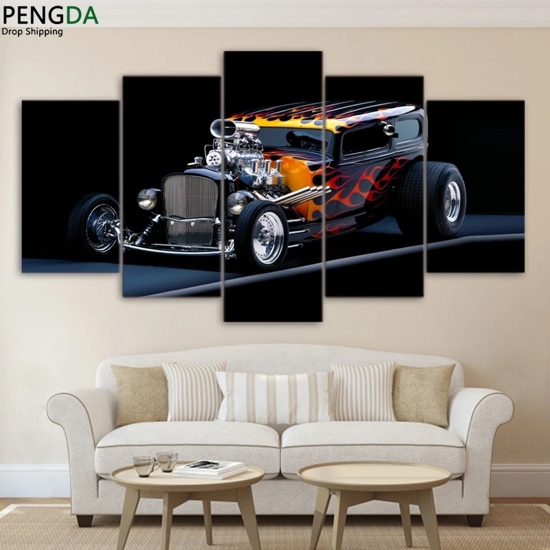 

Modern Home Decor Poster Modular Oil Painting 5 Pieces HD Printed Hot Rod Sports Car Canvas Wall Art Pictures Framework PENGDA
