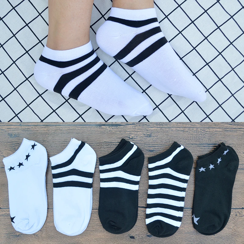 

5 Pair/set Black White Striped Star Cotton Men Casual Socks Fashion Men's Summer Short Ankle Socks with Gift Bag