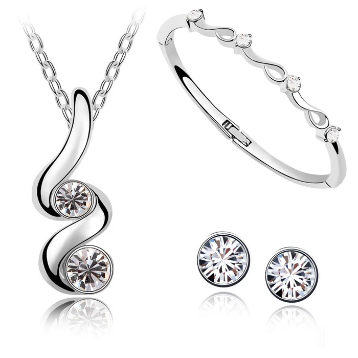 Gift for girlfriend Crystal necklace earrings bracelet set white gold