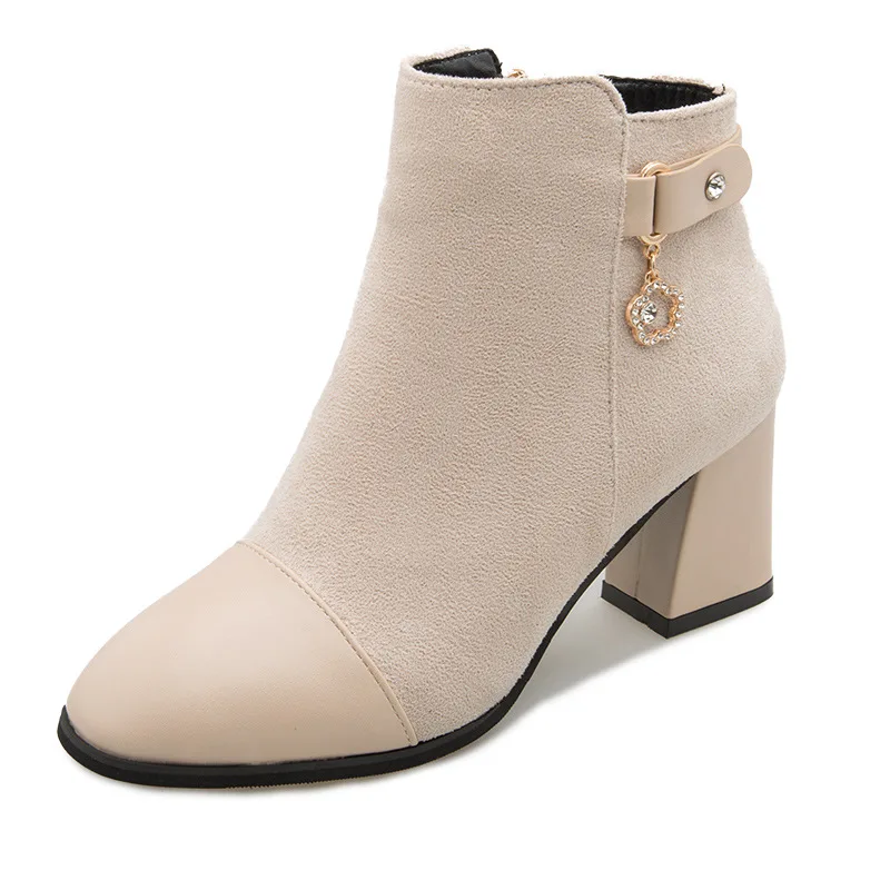 

2018 autumn and winter new European and American fashion thick with side zipper women's booties beige 0216