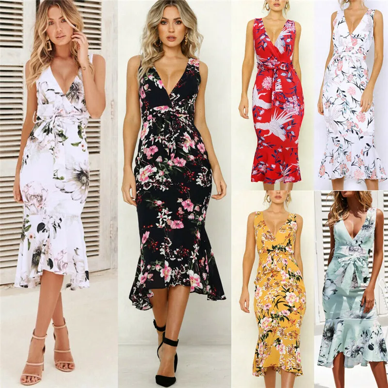 

Women Boho Floral Chiffon Dress Summer Spaghetti Strap V-neck Backless Party Evening Slim Sheath Trumpet Dresses