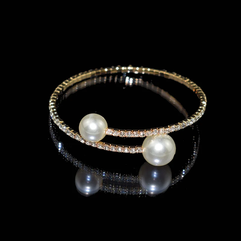 YLIOYE, элегантные браслеты из искусственного жемчуга с кристаллами для женщин, золотые/серебряные браслеты с открытыми манжетами, ожерелье, набор, ювелирные изделия - Окраска металла: 1 row Gold