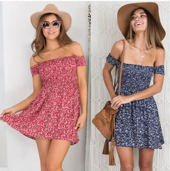 Sexy Wrap The Chest Printing Dresses Exposed Back One Word Collar Floral Dresses Sexy Wrap The Chest Printing Dresses Exposed Back One Word Collar Floral Dresses