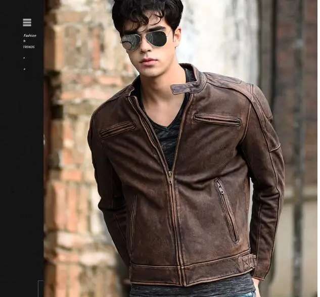 Free shipping.5XL Plus size Brand Classic biker cow leather jacket man