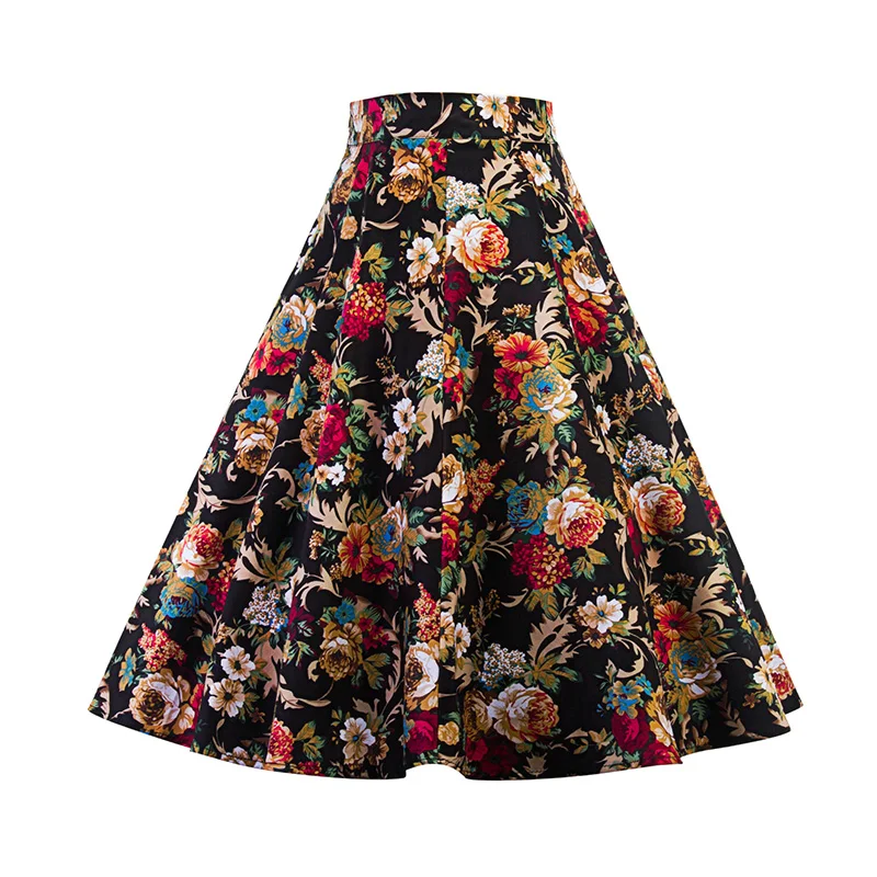 Kostlich 2017 New Summer Skirts Womens Print Floral High Waist 1950s 60s Vintage Midi Skirt Casual A-Line Big Swing Women Skirt (7)