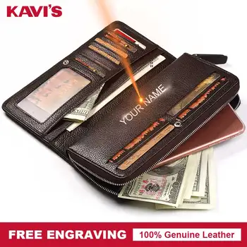 

KAVIS Free Engraving Genuine Leather Long Wallet Men Coin Purse Male Clutch Walet Portomonee Fashion Business Perse Name Vallet