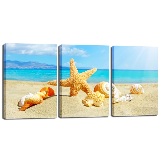 3 Pieces Canvas Wall Art Starfish And Conch Shells On Beach 3 Pieces Canvas Wall Art Starfish And Conch Shells On Beach Paintings Printed