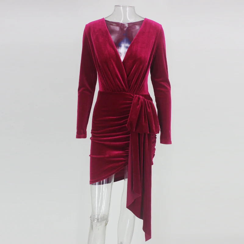 NATTEMAID, осенне-зимнее облегающее платье с запахом, женское сексуальное мини-платье с глубоким v-образным вырезом, элегантное красное бархатное вечернее платье vestidos - Цвет: Red