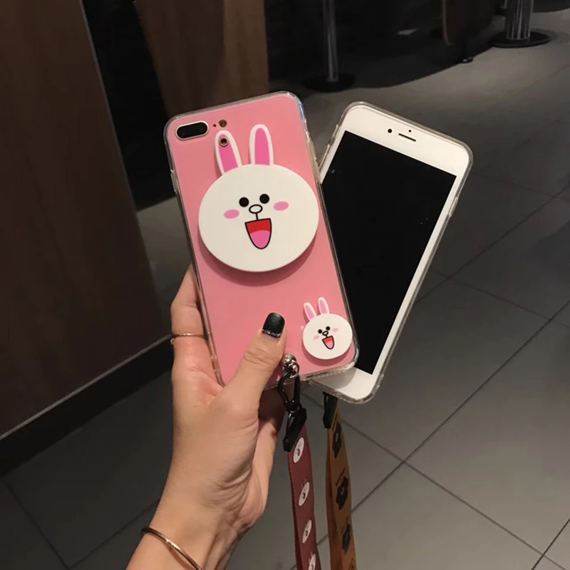 Aoweziic Bear rabbit 6S mobile phone shell 7plus silicone sleeve For iphone X XS simple 8Plus female lanyard mirror shell