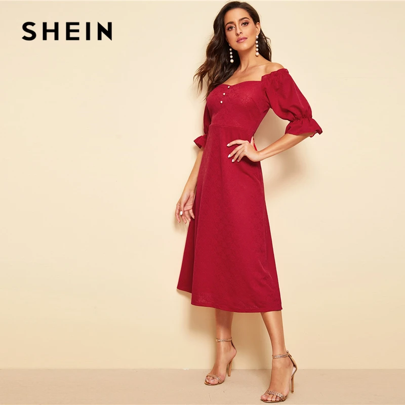 SHEIN Расклешенное Платье На Пуговицах С Оригинальным Рукавом И Оборкой Вечерние