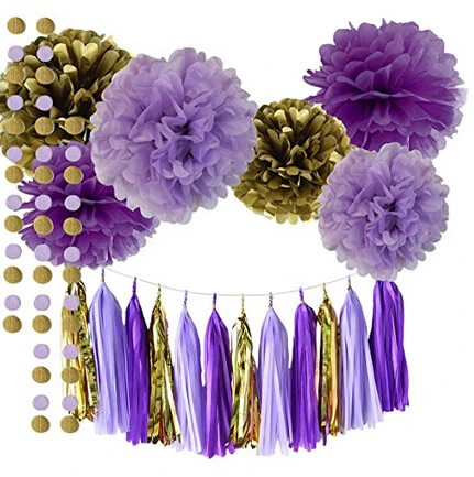Party Purple Lavender Glitter Gold Baby Shower Tissue Paper Pom