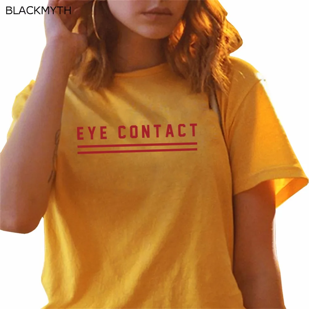 

BLACKMYTH Women Casual Short Sleeve EYE CONTACT Letters Printed Girls T shirts Loose Tops Tee Print XS-2XL Woman T-shirt