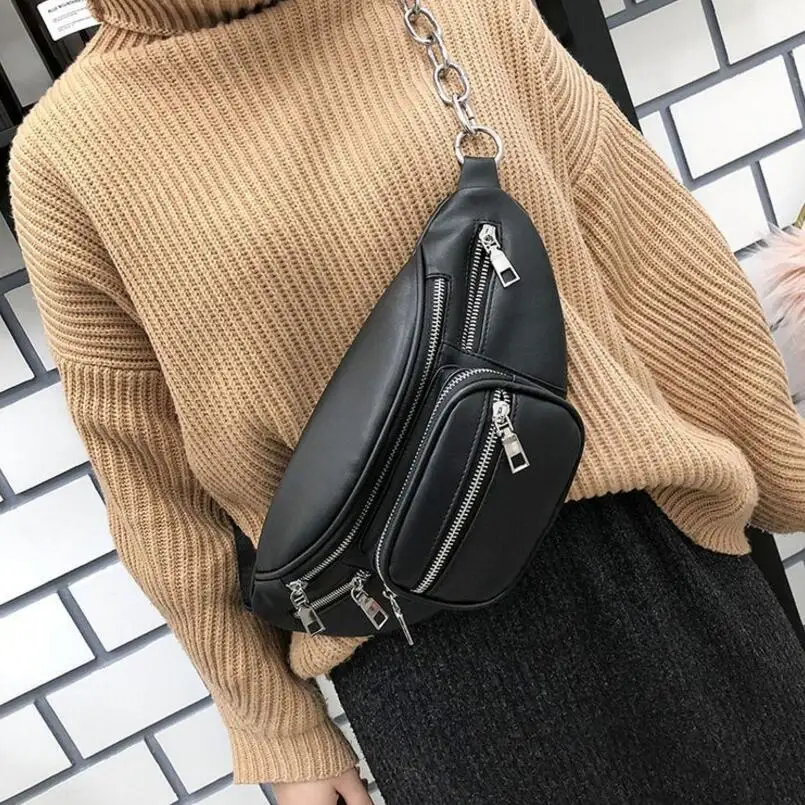 

Street Fashion Women Chest Bags Waist Pack Zipper Pocket Belt Bag Casual Crossbody Bags for Women Chic Black Chain Shoulder Bag