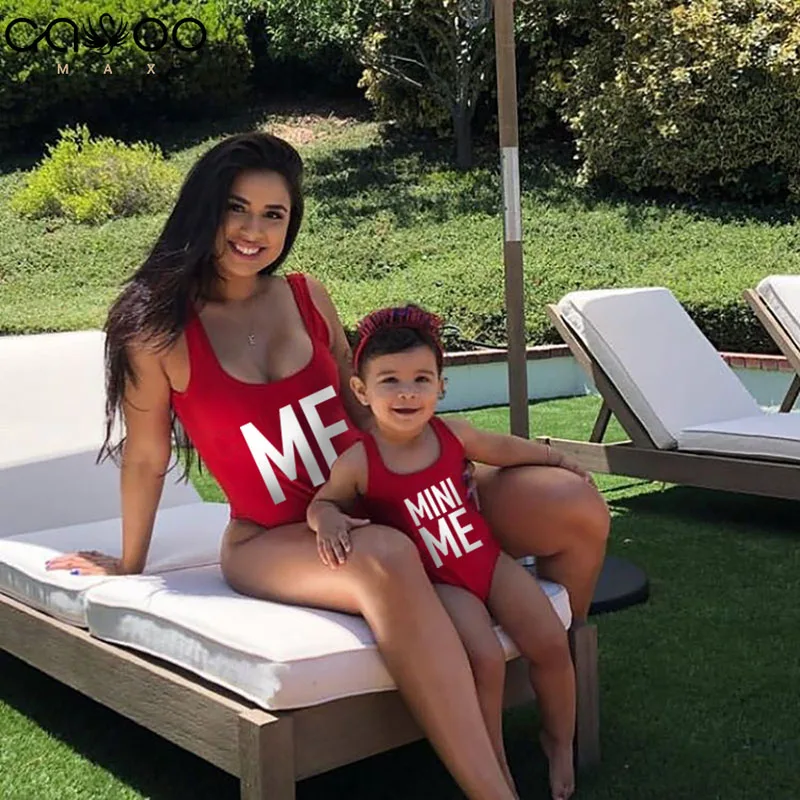 

One Piece Women Swimsuit 2019 ME MINI ME Letter Printed Swimwear Big Size Cute Baby Girl Mom Daughter Summer Swimming Suit