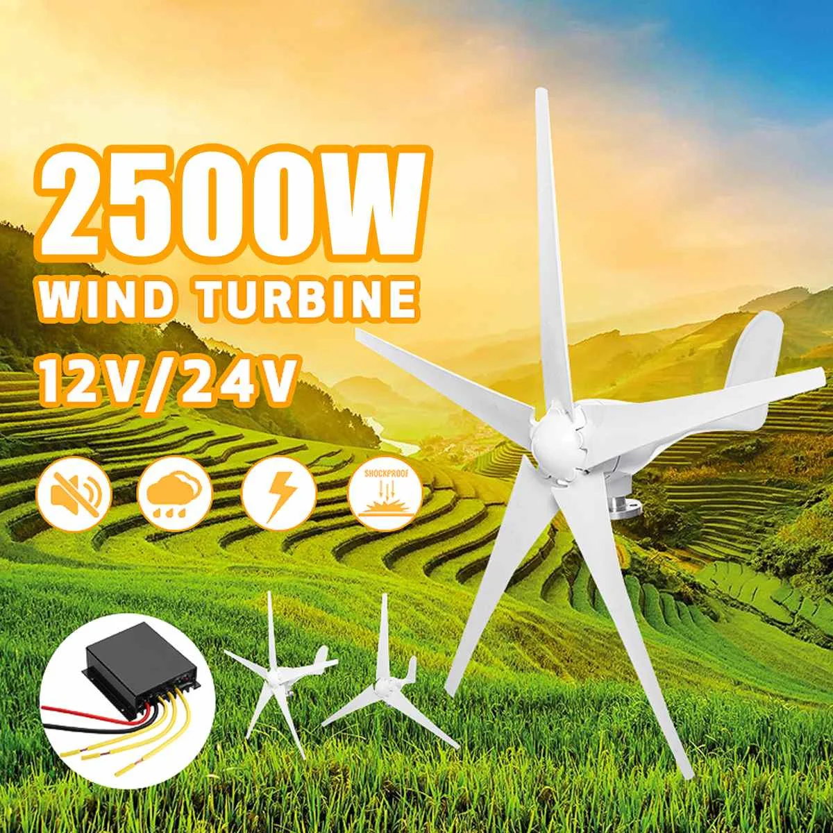 

2500W Wind Power Turbines Generator 12V 24V 3/5 Wind Blades Option With Controller Waterproof Charge Fit for Home Or Camping