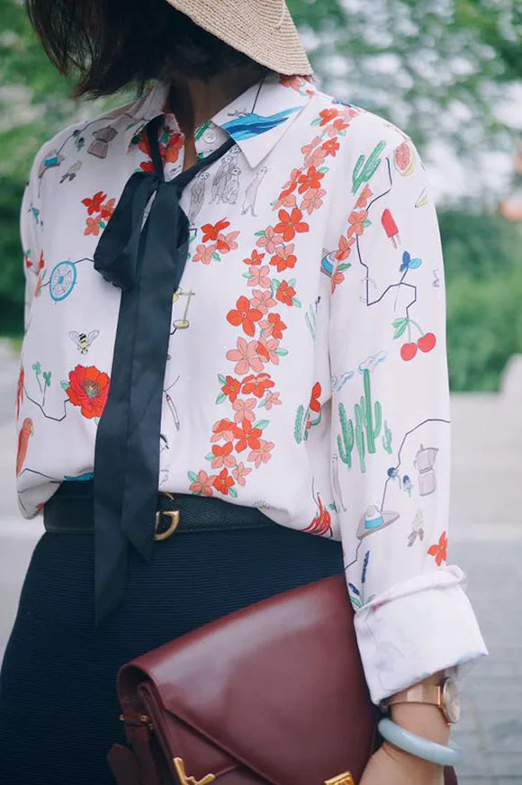Star style 100 silk cute plant print long sleeve ladies ribbon bow font b shirt b