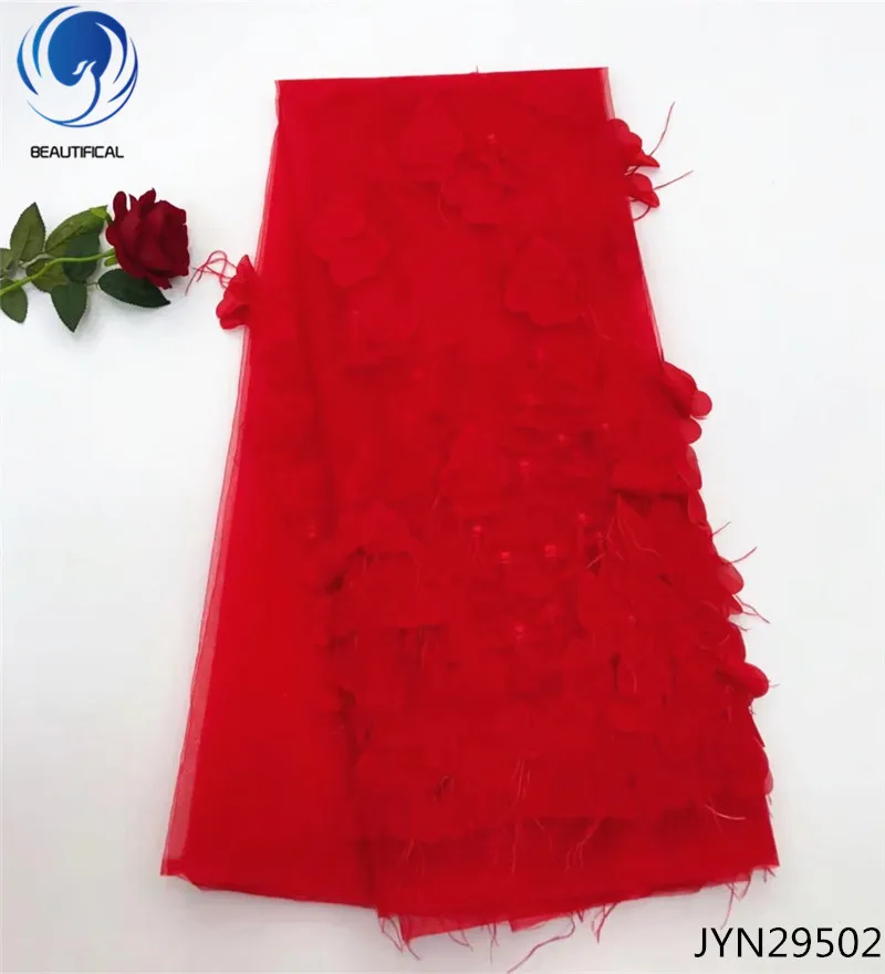 BEATIFICAL Новое поступление африканская вышитая красная кружевная ткань высокое качество белая и красная кружевная ткань для свадьбы 5 ярдов JYN295