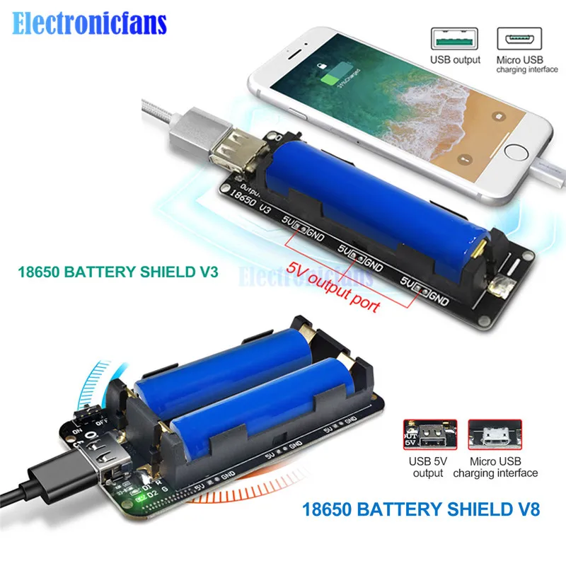 

Dual 18650 Lithium Battery Shield V8 V3 5V 3A Micro USB Type-A USB Power Bank Battery Charging For Raspberry Pi ESP8266 ESP32