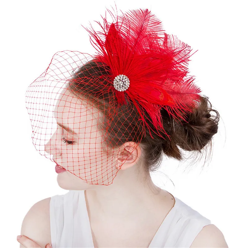 JaneVini модная Красная клетка Свадебные шляпы вуаль для невесты лицевая вуаль бисер с перьями с шпилькой женские свадебные аксессуары