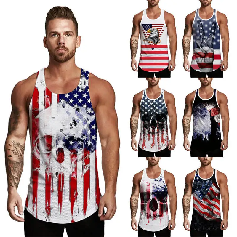 

Gym Top Tanks For Men Sleeveless Independence Day Printing Mesh Breathable Bodybuilding Sport Vest 2019 Camiseta Tirantes Hombre