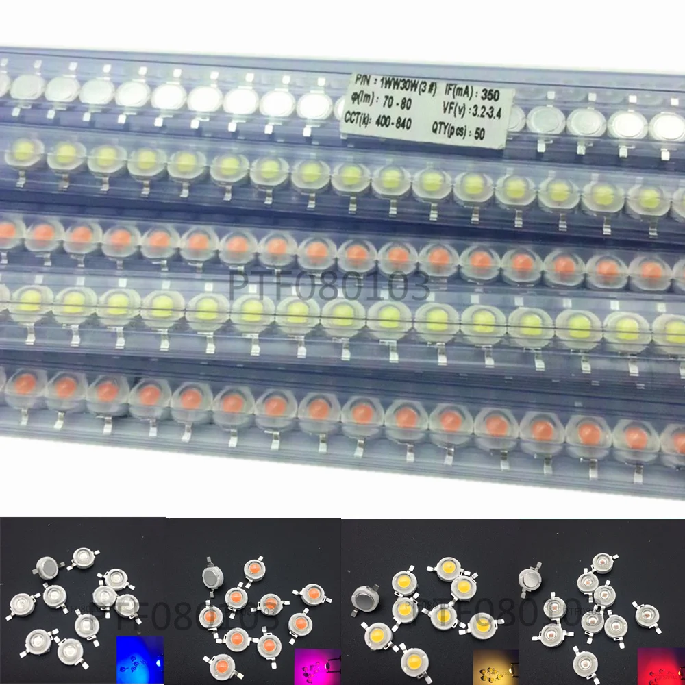 

50pcs LED 1w 3w High Power LED Chip, RGB Red Green Blue Yellow Cold White Nature White Warm White Light Source