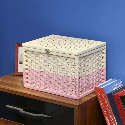 Плетеная бумажная корзина ручной работы с крышкой, плетеная корзина, органайзер для дома и офиса, вязаная настольная коробка для хранения косметики - Цвет: pink and beige