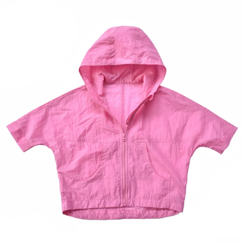 Summer Sun Protection Clothing Fashion Leather Windbreaker Hooded Jacket Children Sun Protection Coat - Color: Pink