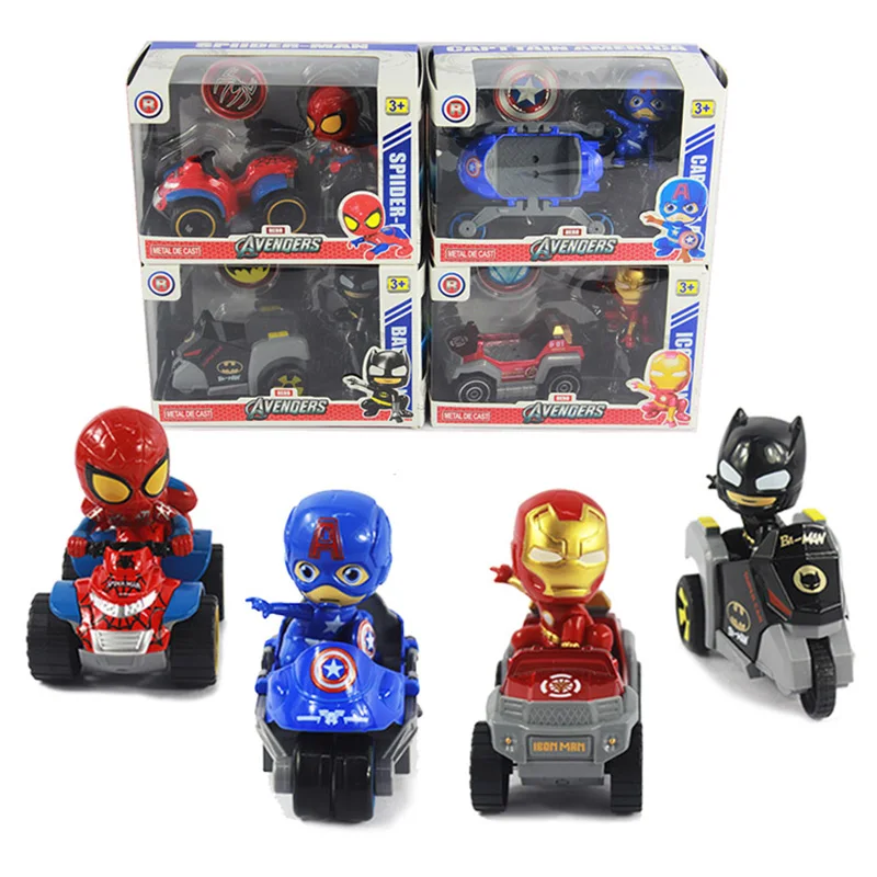 4pcsset The Avengers Figures Juguetes 7cm Metal Model Iron Man Batman Captain America Spider Man Avengers Car Toys for Children