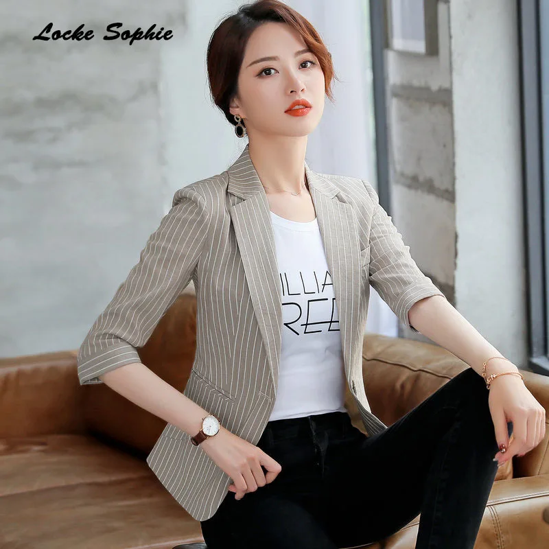 Women's Plus size Blazers coats 2019 Summer Fashion cotton Splicing stripe Small Suits jackets ladies Skinny Blazers Suits coats