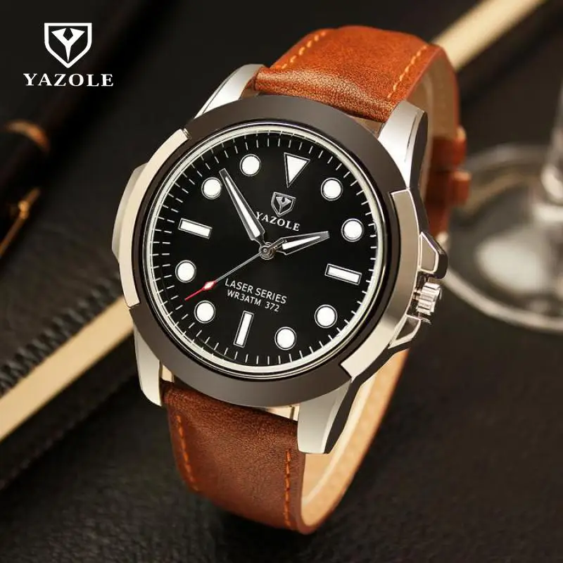

Fashion YAZOLE Sports Running Climbing Waterproof 3ATM Leather Big Dial Shockproof Quartz Wrist Watch Clock for Men Boy 372