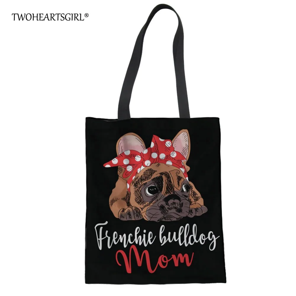 Twoheartsgirl Black French Bulldog Print Shoulder Bag Canvas Tote Beach