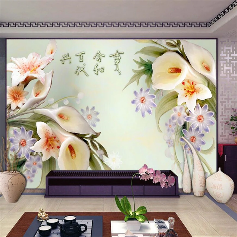 

Beibehang 3 d wallpaper -relievo fresco the lily 3 d luxurious bedroom sitting room sofa setting wall mural wallpaper