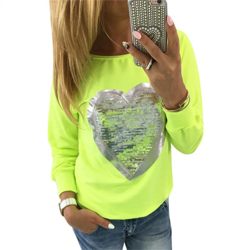 

2019 Autumn Women Sequined Heart Pullovers O-neck Long Sleeve Sweatshirts Lady Tracksuits Casual Tops Jumper Sudaderas Mujer