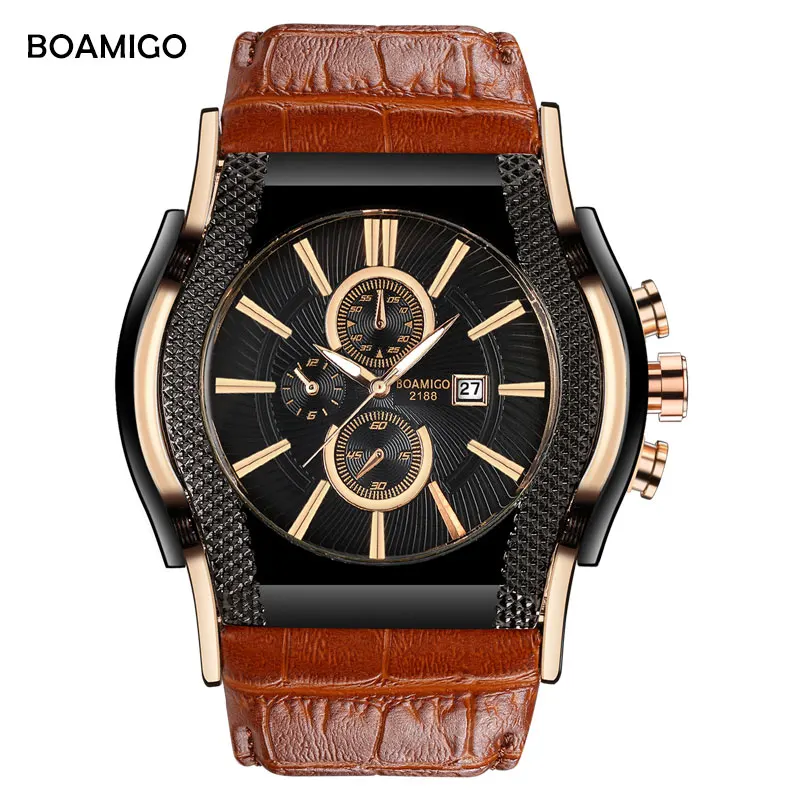 

BOAMIGO Brand Luxury Creative Men Quartz Watch Big Dial Male Watches Leather Strap Wristwatch Auto Date Clock Relogio Masculino