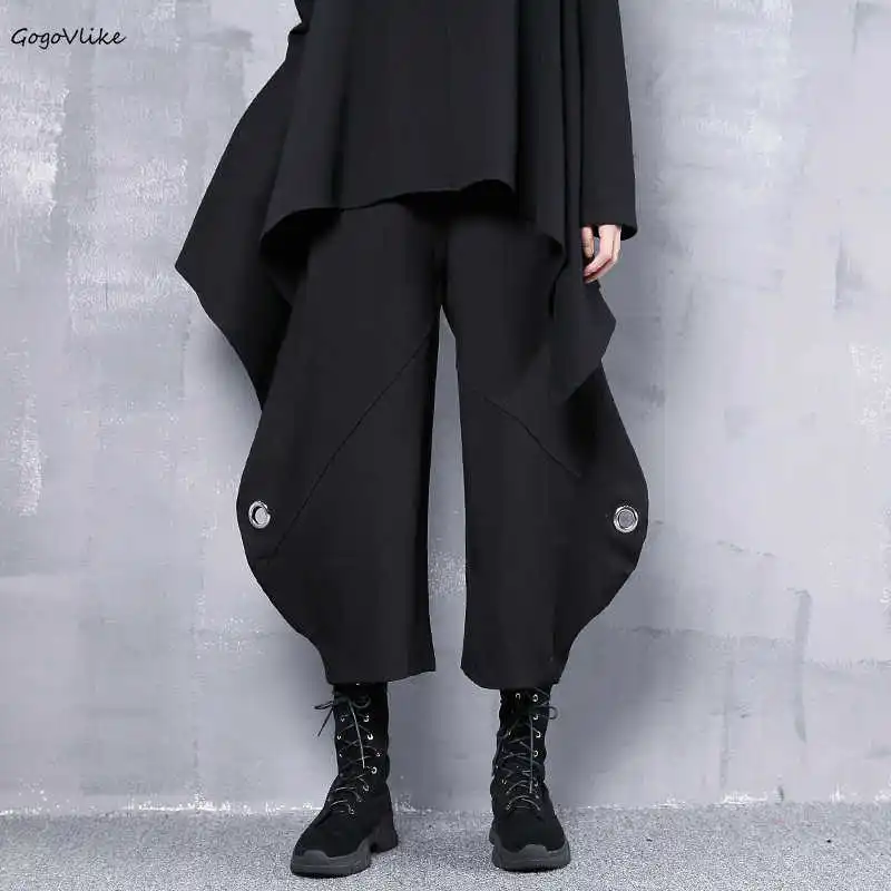 

High Waist Loose Pants Eyelet 2019 New Women Casual Trousers Oversize Street Pants Black Speical Pants Metal Ring LT671S50