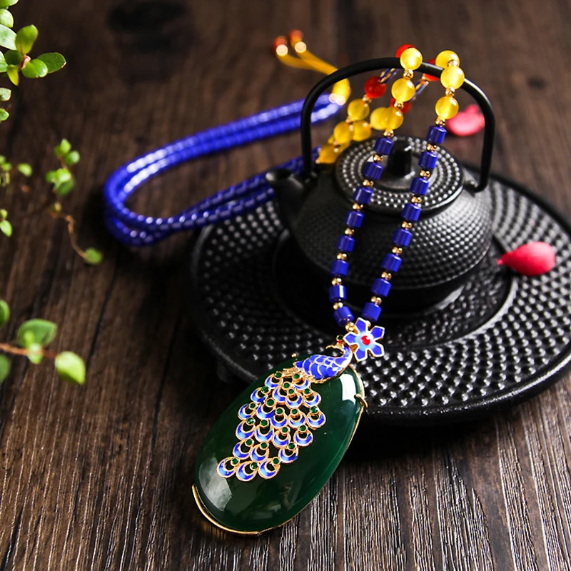 

Aladdin Blue ore lasurite jewelry Necklaces Ethnic cloisonne peacock chrysoprase inlay sweater chain special Precious stone