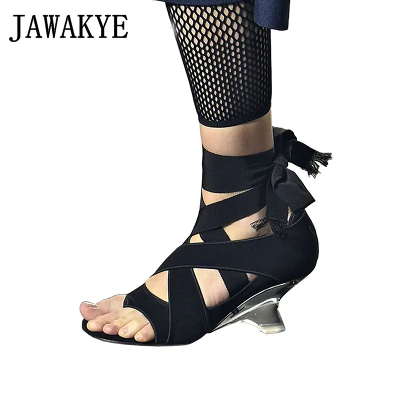 

2019 Runway Crystal Clear Hoof High Heels Sandals Women Cross tied Ankle Strap Sandals Wedding Party Shoes Sandalia Feminina