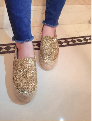 Aliexpress.com Comprar Plataforma Paillette plateado oro de alpargatas zapatos mujer zapatos de la trenza de paja mujer pisos de pescadores Casual mujer