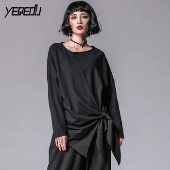 

#1414 Casual Loose Irregular T-shirt Black O-neck Long Sleeve Asymmetrical T Shirt Women Streetwear Hip Hop Oversize Harajuku