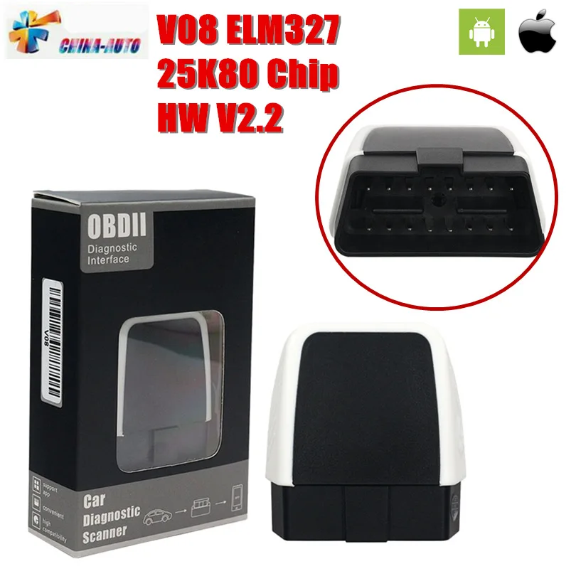 

A+Quality V08 ELM327 Bluetooth 4.0 HW V2.2 PIC18F25K80 ELM 327 For Android/IOS/Windows Supports All OBD2 9 Protocols Diagnostic