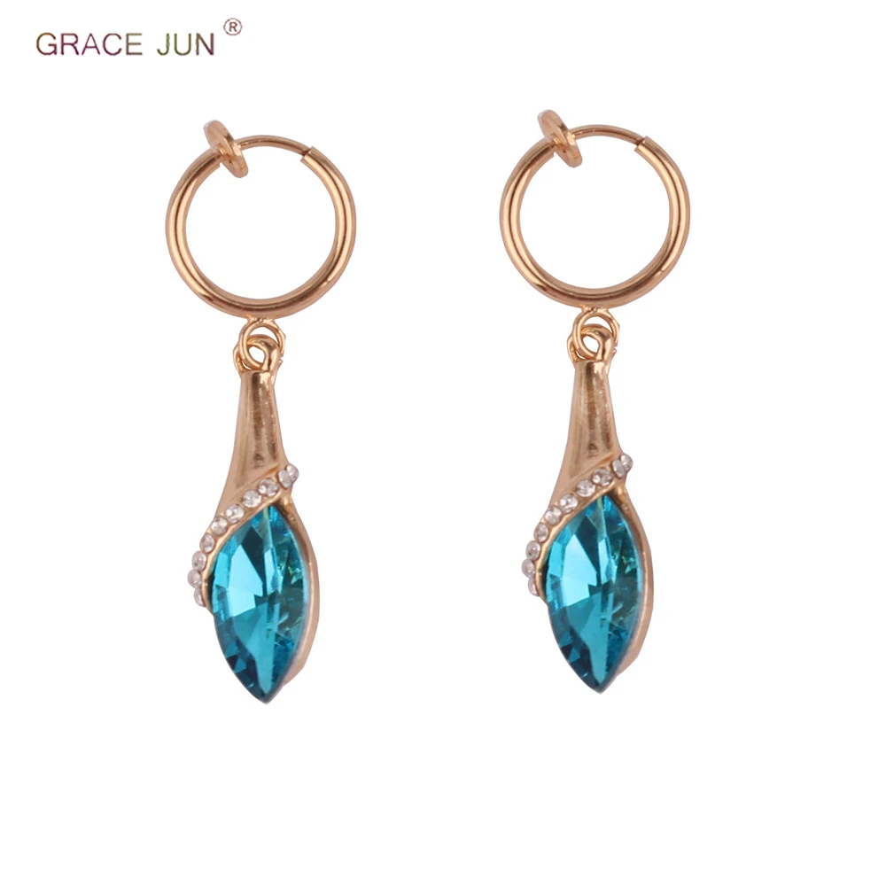 

GRACE JUN Luxury Fashion Rhinestone Crystal Clip on Earrings for Women Party Pageant Gold/silver Color Needn't Ear Hole Ear Clip