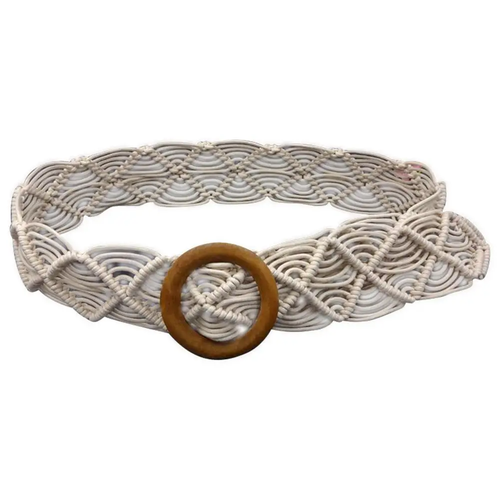 

New Ethnic Style Women's Waist Belt Retro Solid Wooden Buckle Handmade Braided Ladies Girdle Dress Jeans Decorative Belt