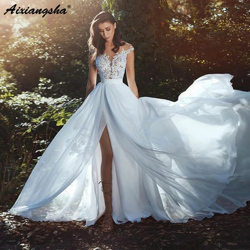 

Graceful Tulle Chiffon Illusion Bodice A-line Wedding Dress 2018 robe de mariee With Lace Appliques Side Slit Wedding Gowns