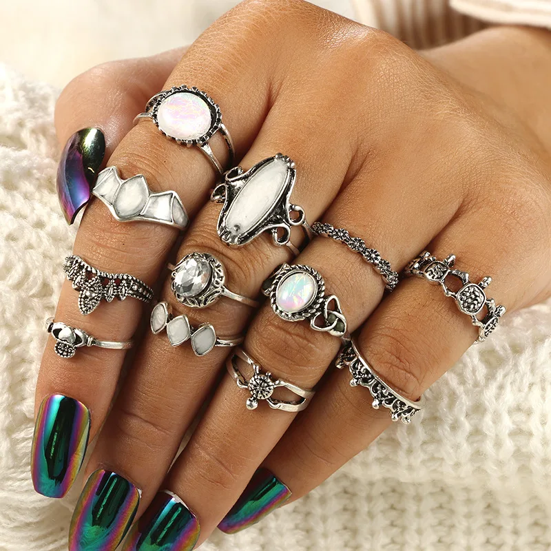 Серебряный Vintage Opal набор колец на сустав пальца для женщин Boho полая коронка из