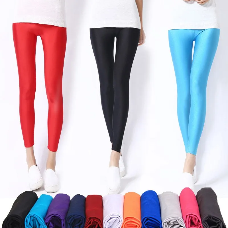 Heißer Verkauf Leggings 2019 Frauen Einfarbig Fluoreszierende Shiny Hose Leggings Große Größe Spandex Shinny Elastizität Casual Hosen