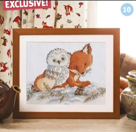 cs-2364 Cross Stitch Kit Sunlit Fox and Owl Play on the Winter Snow Pinecone Animal