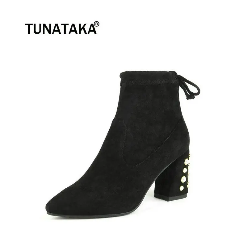 

Suede String Bead Square High Heel Woman Ankle Boots Fashion Lace Up Pointed Toe Dress Ladies Boots