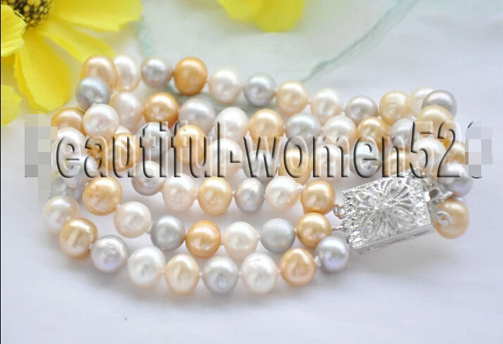 

Z7139 3Strds 9mm gray champagne white round freshwater cultured pearl bracelet 8 @^Noble style Natural Fine jewe SHIPPING new >>