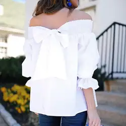 Новые пикантные женские с плеча блузка рубашка летние топы Повседневное Flare рукавом рубашки с бантом женские блузки белый черный